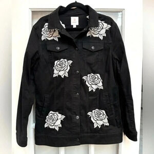 LuLaRoe | Jaxon Black w/ Grey Embroidered Roses Denim Jean Jacket Size L NWOT